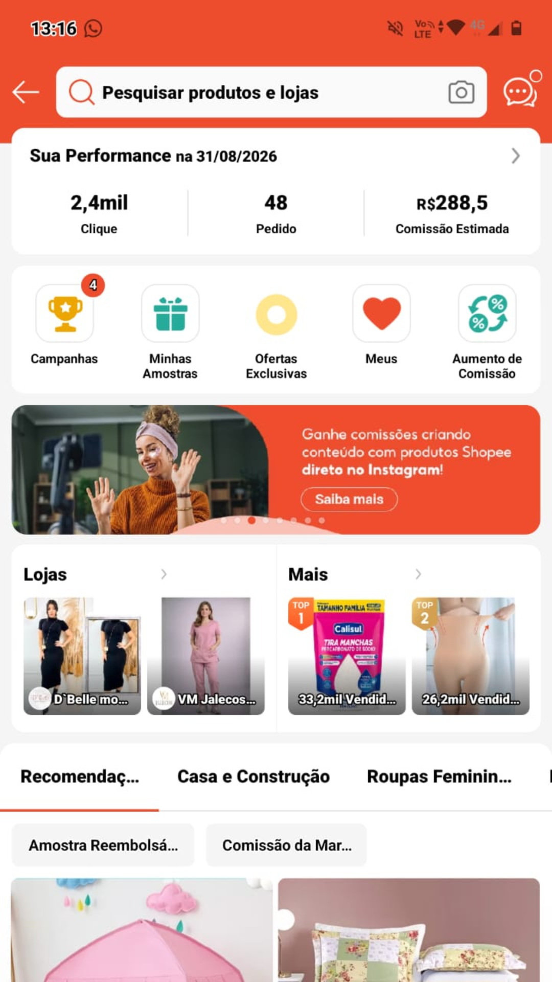 App de afiliado com 2,4 mil cliques, 48 pedidos e R$ 288,5 de comissão estimada no dia