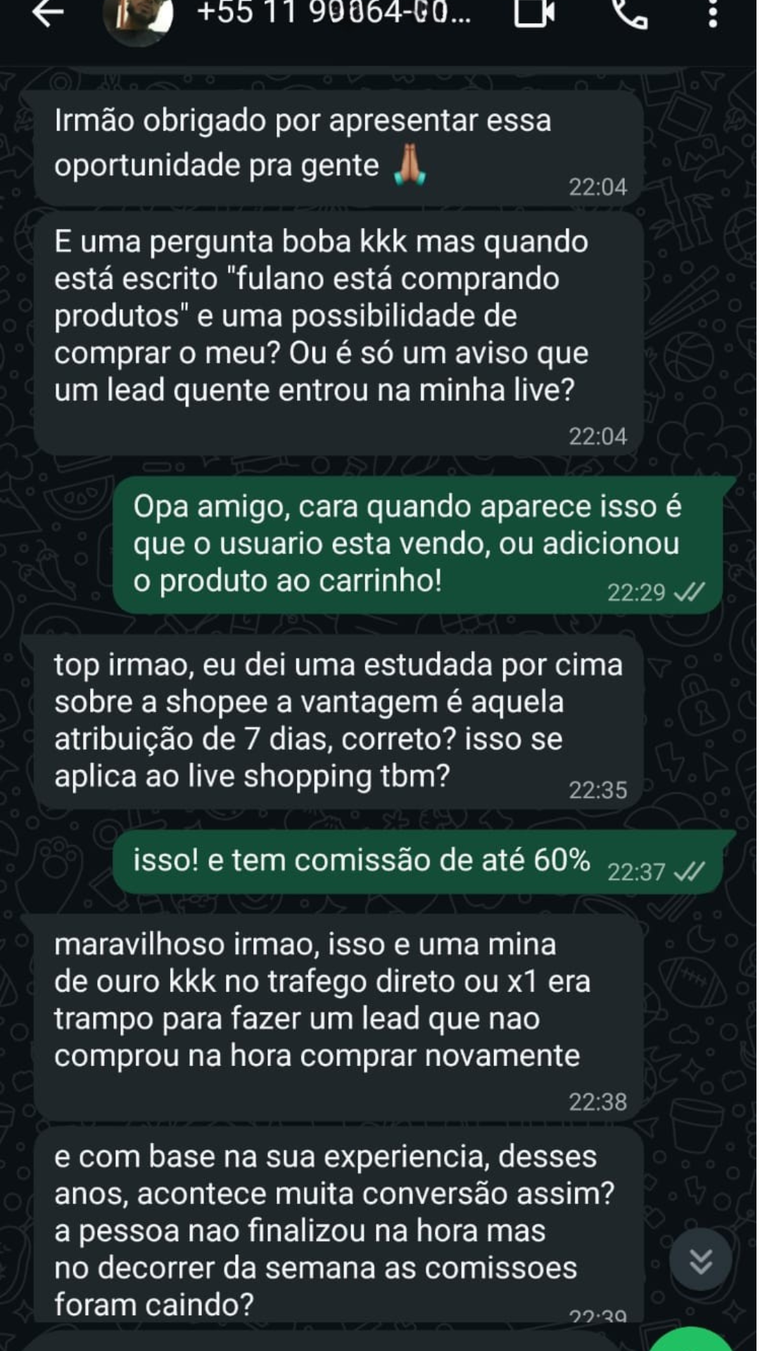 Conversa no WhatsApp sobre atribuição de 7 dias e comissão de até 60% no live shopping