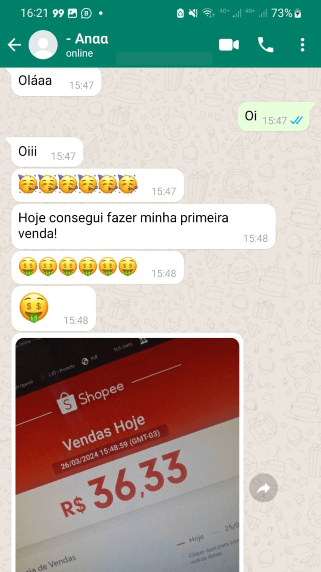Conversa no WhatsApp com print de R$ 36,33 em vendas do dia