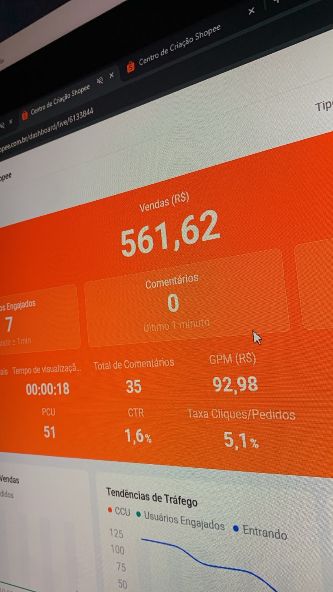 Live com R$ 561,62 em vendas e CTR de 1,6%