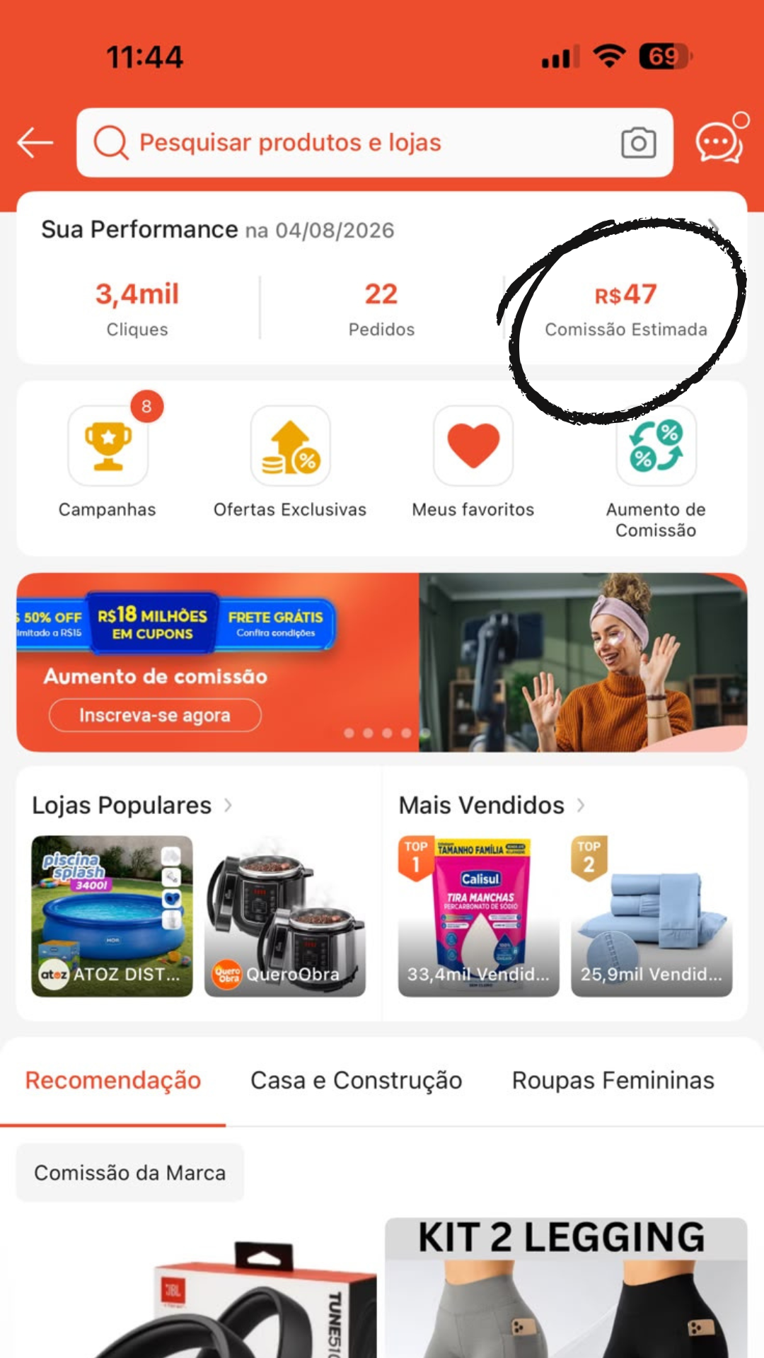 App de afiliado mostrando 3,4 mil cliques e R$ 47 de comissão estimada no dia