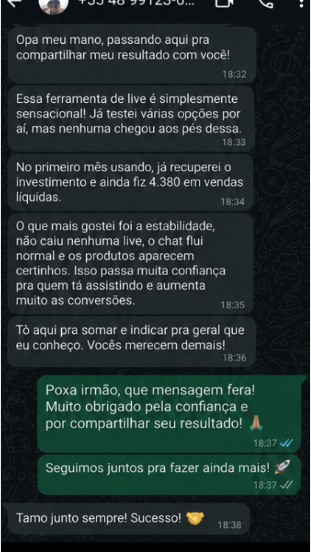 Conversa no WhatsApp relatando R$ 4.380 em vendas líquidas no primeiro mês
