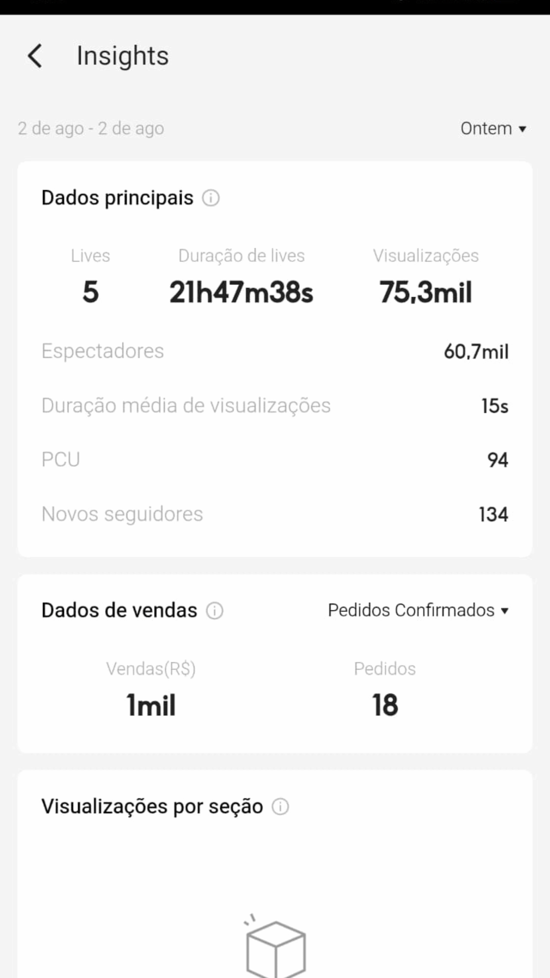 Painel de insights com 5 lives, 21h47m de transmissão e 75,3 mil visualizações