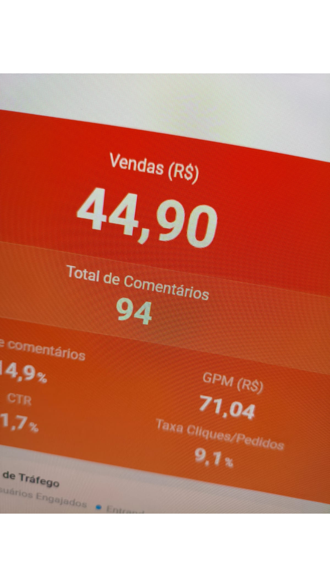 Painel da live com R$ 44,90 em vendas e 94 comentários