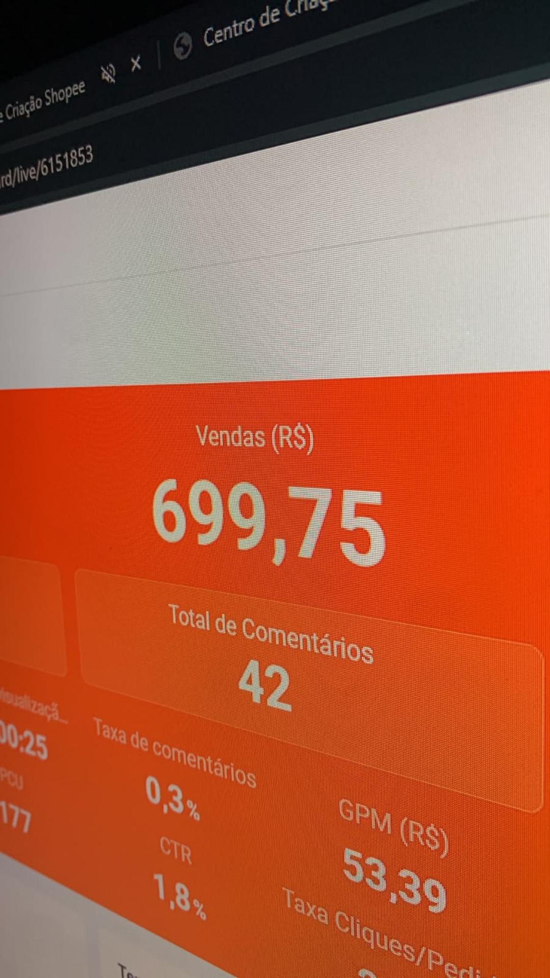 Live com R$ 699,75 em vendas, 42 comentários e PCU 177