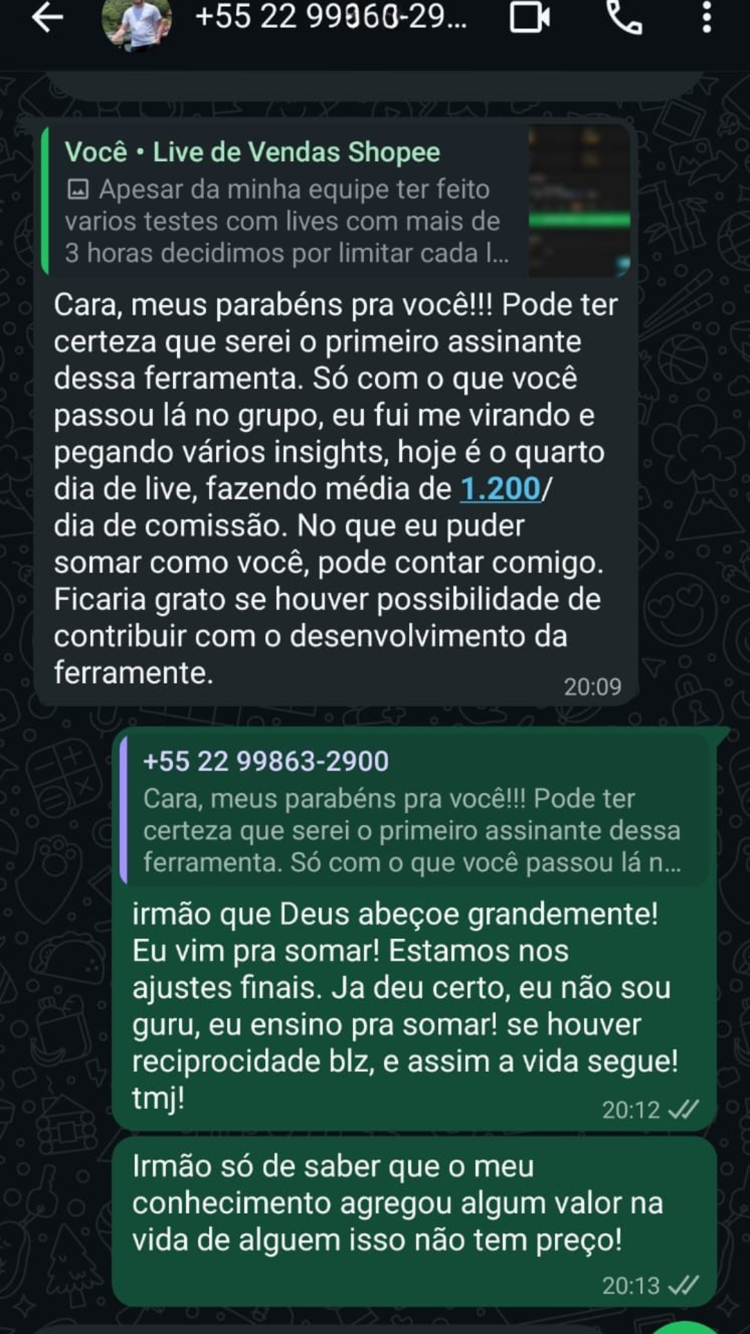 Conversa no WhatsApp relatando média de R$ 1.200 por dia de comissão no quarto dia de lives