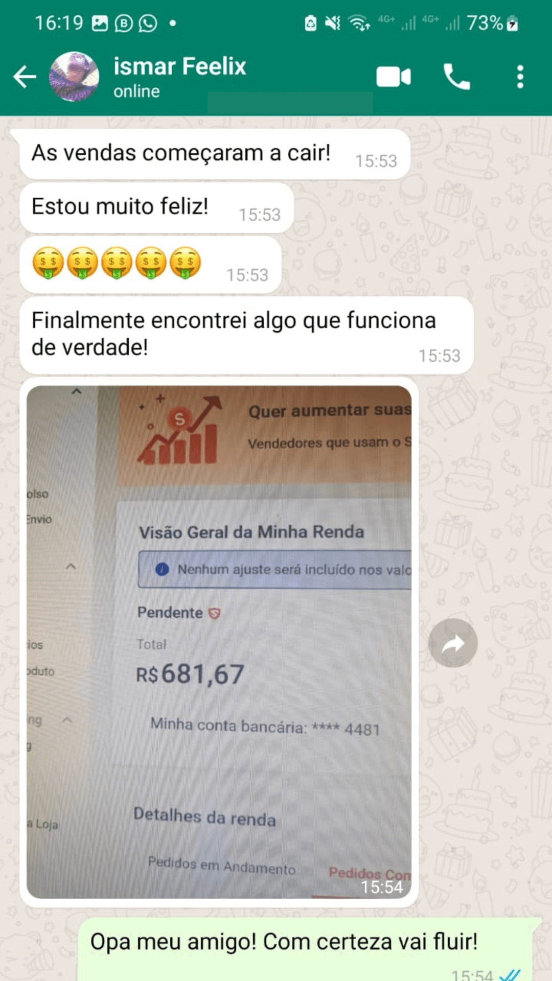Conversa no WhatsApp mostrando R$ 681,67 de renda pendente na Shopee